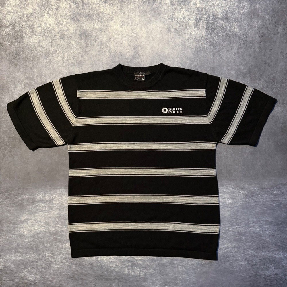 South Pole Vintage Mens Large Black Grey Striped Short Sleeve Knit Sweater Shirt
